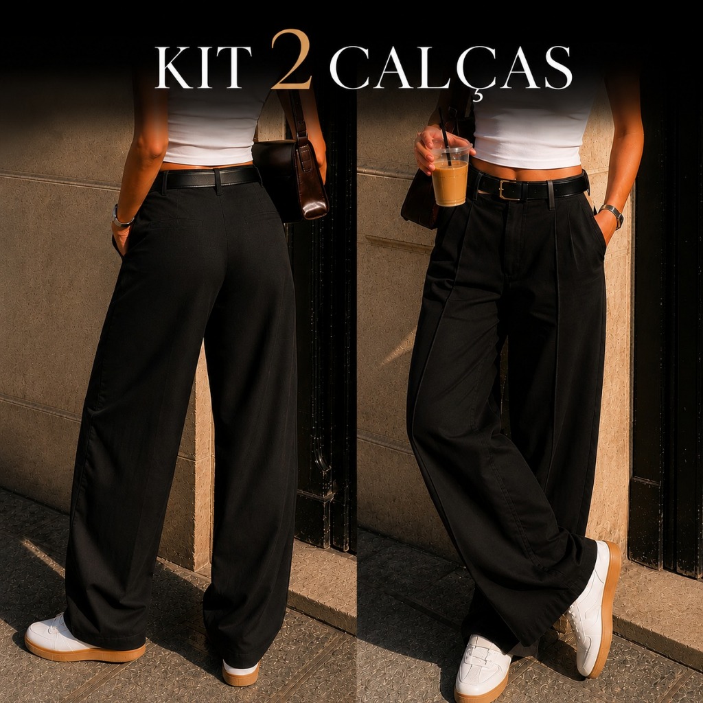 Kit 2 Calça Pantalona de Alfaiataria Cintura Alta Com Ziper bolsos Wide Leg Cintura Alta Profissional
