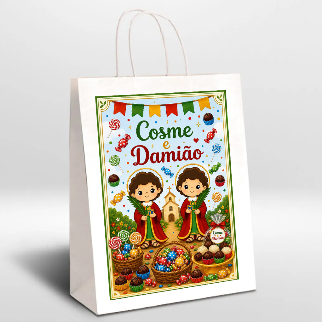 Sacola de papel para lembrancinha Cosme e Damião - Kit 10 Unidades - Medida: 18x09x22cm
