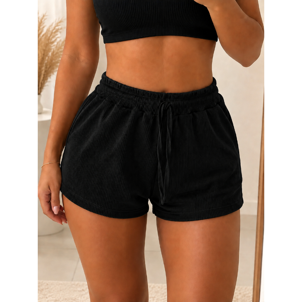 Short Canelado Feminino Cintura Alta Academia Não Transparente Premium
