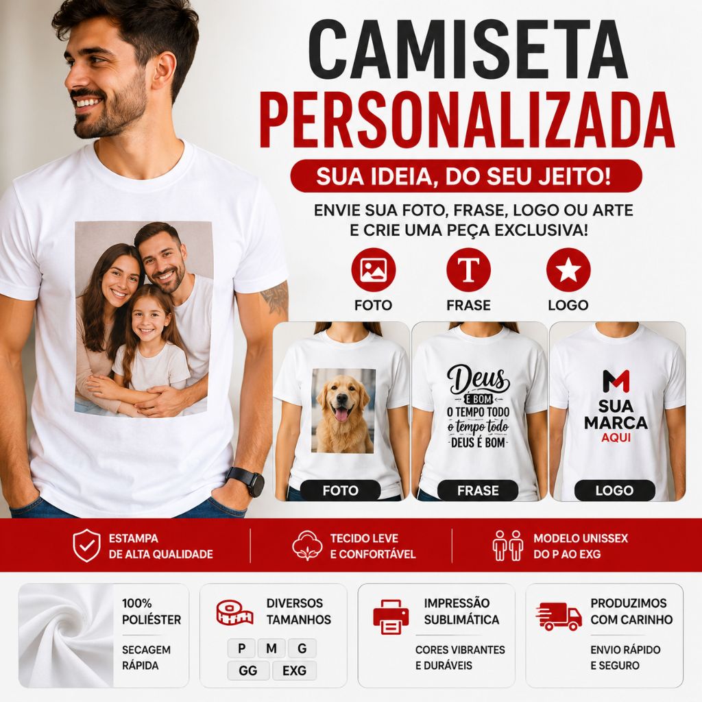 Camiseta Personalizada com Foto, Frase ou Logo Branca 100% Poliéster Unissex
