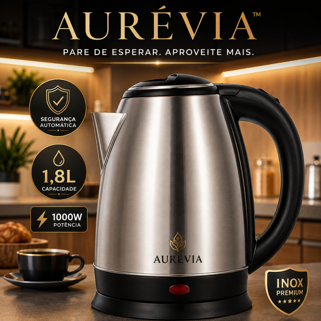 Chaleira Elétrica Inox 1,8L 1000W 127V Aquecimento Rápido Automática Aurévia