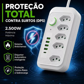 Régua Filtro de Linha com 5 Tomadas Extensão Elétrica 4 USB e 1 USB-C Bivolt 10A 110v/220…