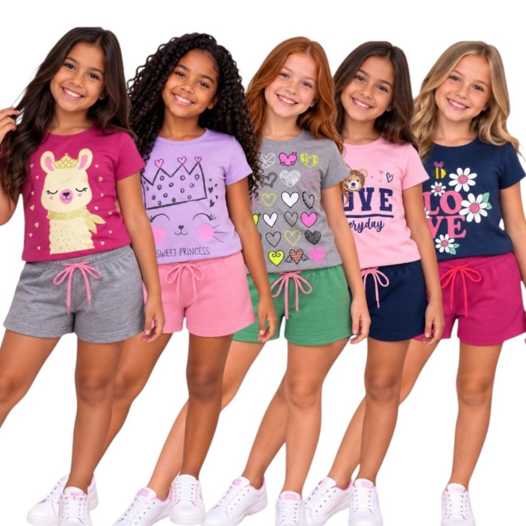 Conjunto Infantil Menina Kit 10 Peças 5 Shorts + 5 Camisetas Com Estilos E Conforto Verão