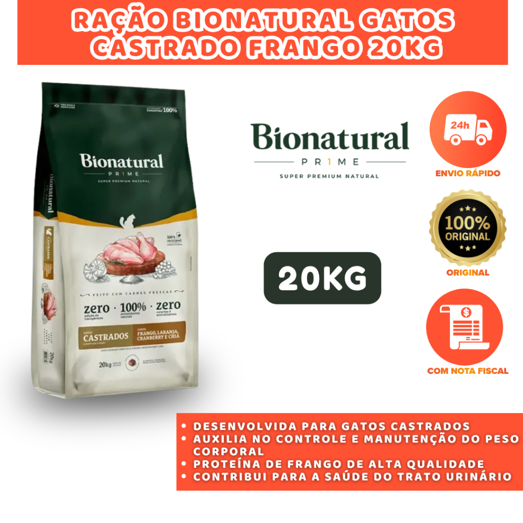 RAÇÃO BIONATURAL GATOS CASTRADO FRANGO 20KG RICA EM PROTEÍNAS NATURAIS