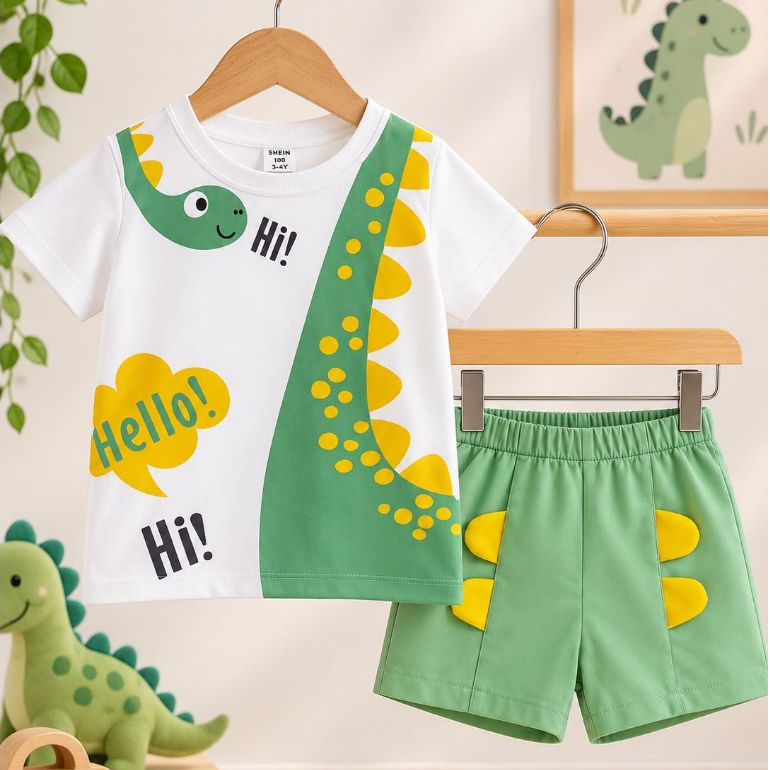 Kit 2 peças Dino interativo body + shorts para bebê