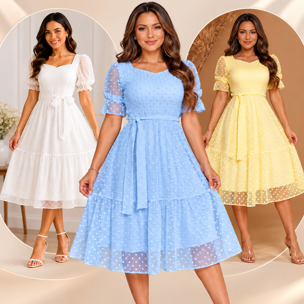 Vestido Midi 2 Marias Tule Poá Manga Bufante Decote Princesa
