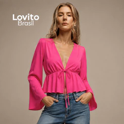 Lovito Blusa Feminina Manga Longa Sino com Babado na Barra TKB462BRL491