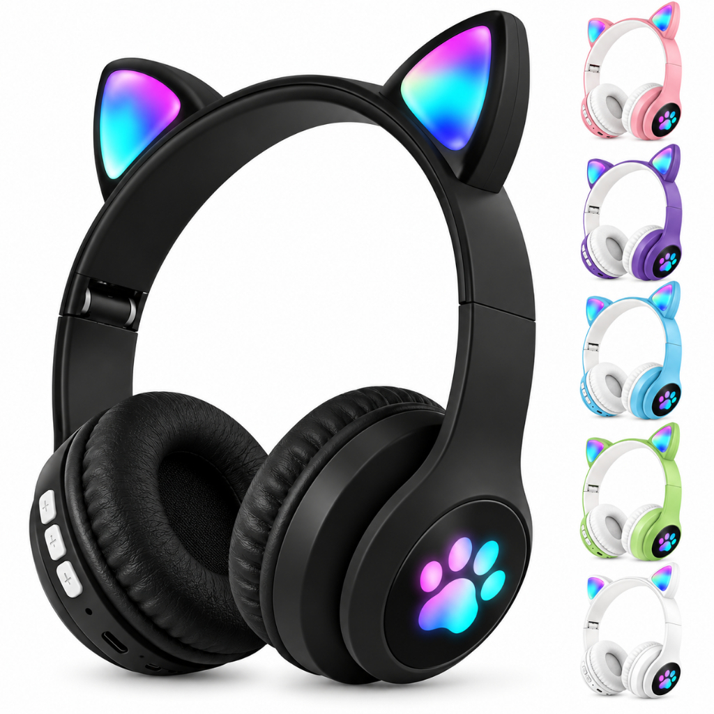 Fone de Ouvido Infantil Bluetooth 5.4 Cat Ear B-19 BB com Orelhas LED, Microfone e Bateria Recarregável