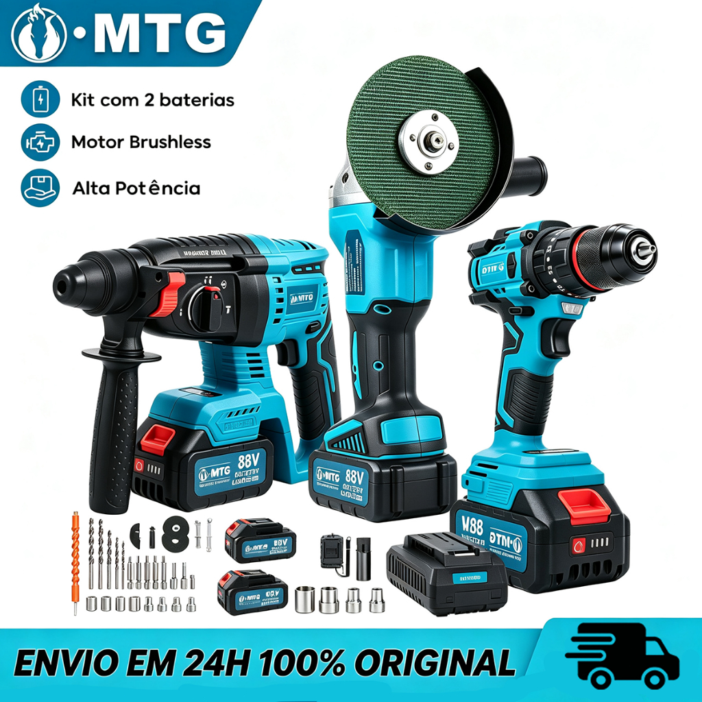 Kit Ferramentas MTG 3 em 1 Sem Fio Martelete Furadeira Esmerilhadeira Brushless 2 Baterias Maleta Envio Brasil
