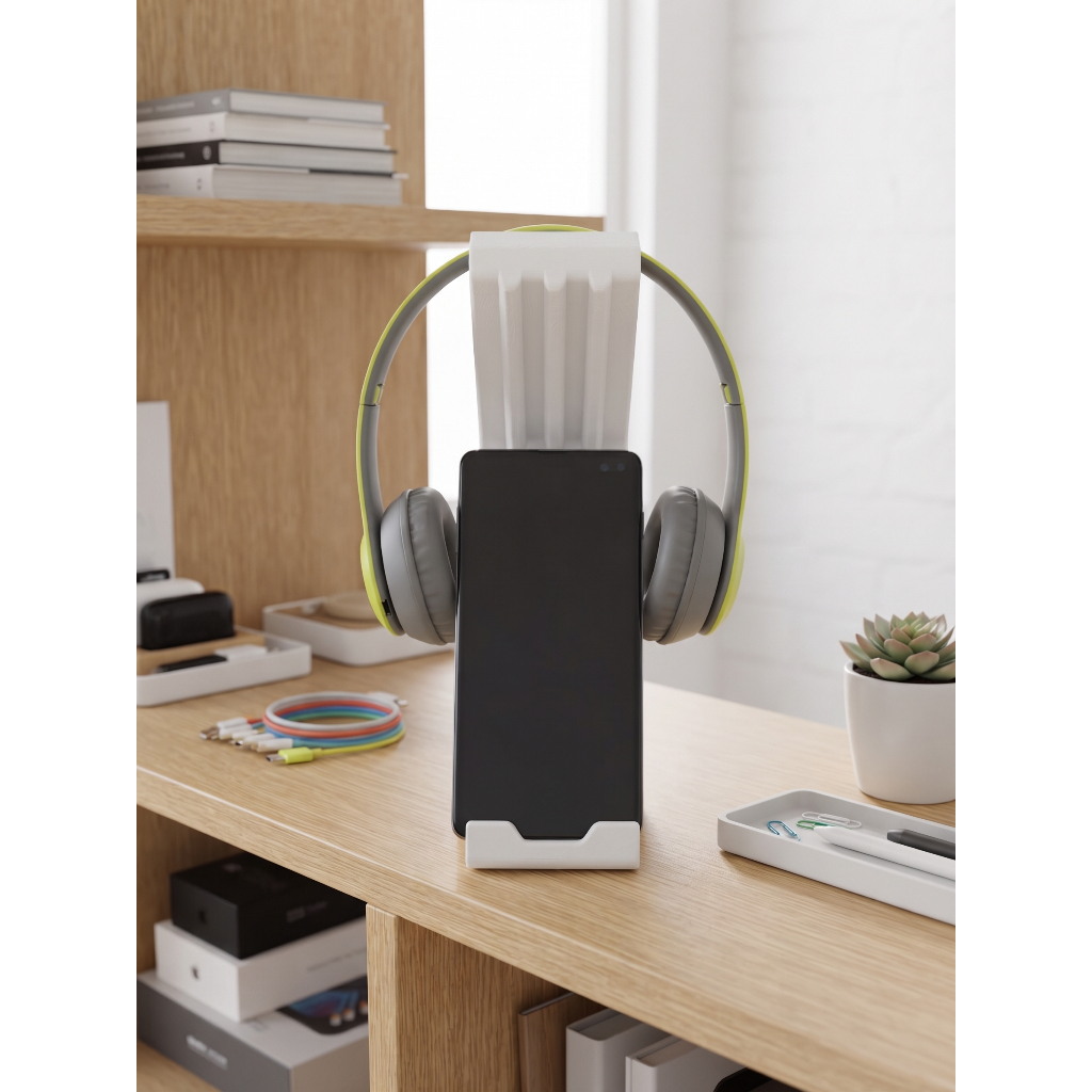 Suporte 3 em 1 para Celular e Fone de Ouvido | Organizador de Mesa para Smartphone e Headset