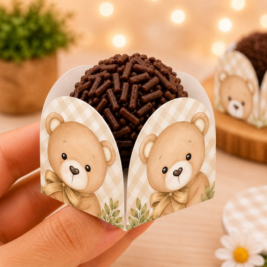 120 Forminhas para doces  Festa Chá Revelação Ursinho Bege Neutro chá de Bebê , 4 pétalas brigadeiro Festa infantil Doce