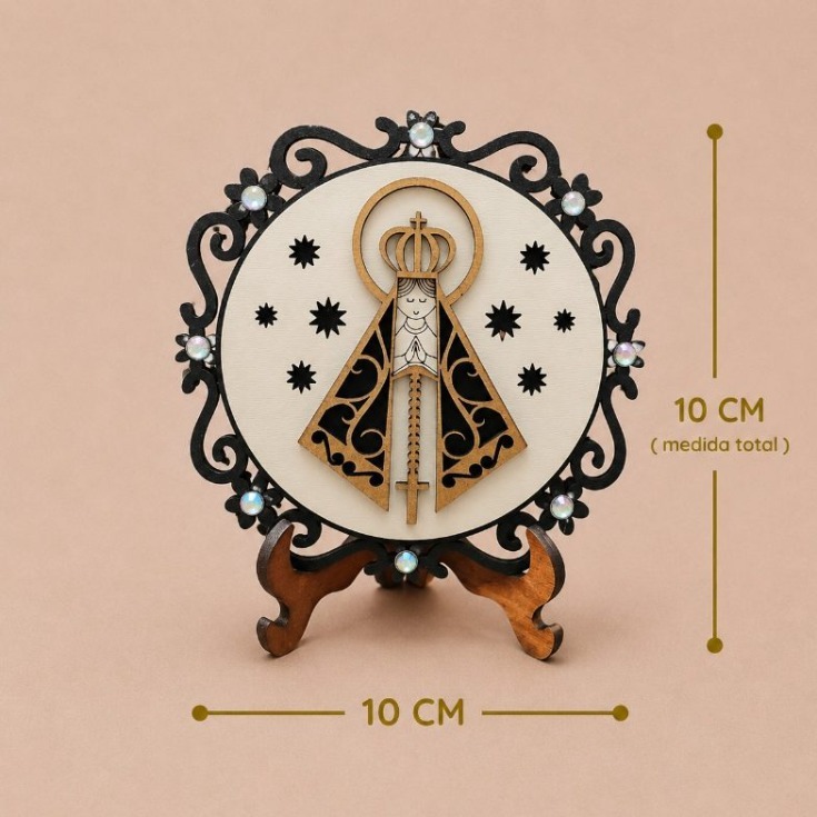 Adorno de Mesa Nossa Senhora Aparecida Preto MDF com Strass e Suporte – Mandala Religiosa Decoração Católica Presente
