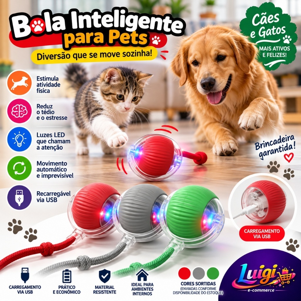Bola Inteligente Pet LED Automática Recarregável USB Brinquedo Interativo Cães e Gatos