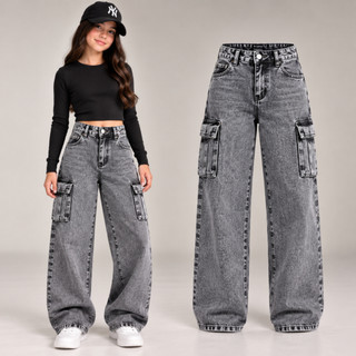 Calça Cargo Wide Leg Jeans Infantil Feminina Preta Marmorizada Chumbo Grafite com Bolsos …