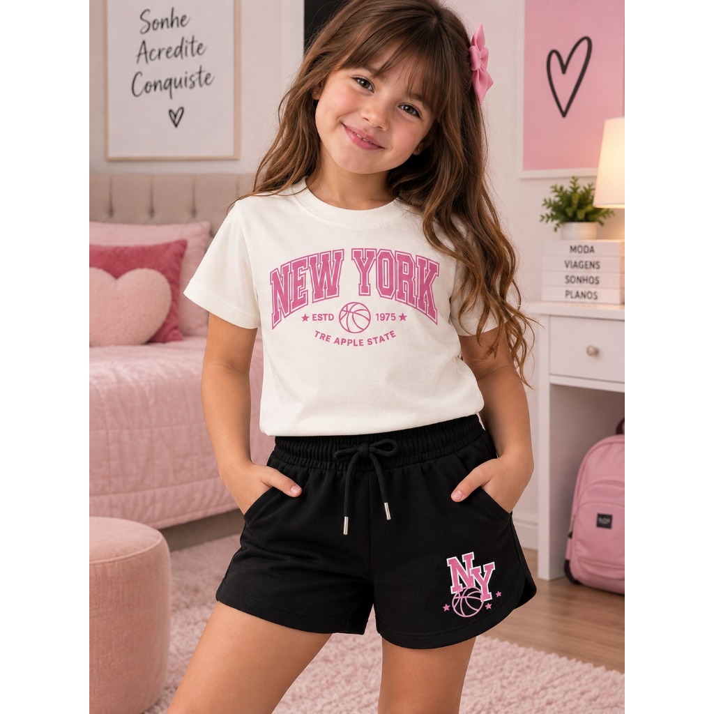 Conjunto Infantil Menina New York Basket | Blusa Estampada + Shorts Preto | Look Infantil Feminino Moderno e Confortável