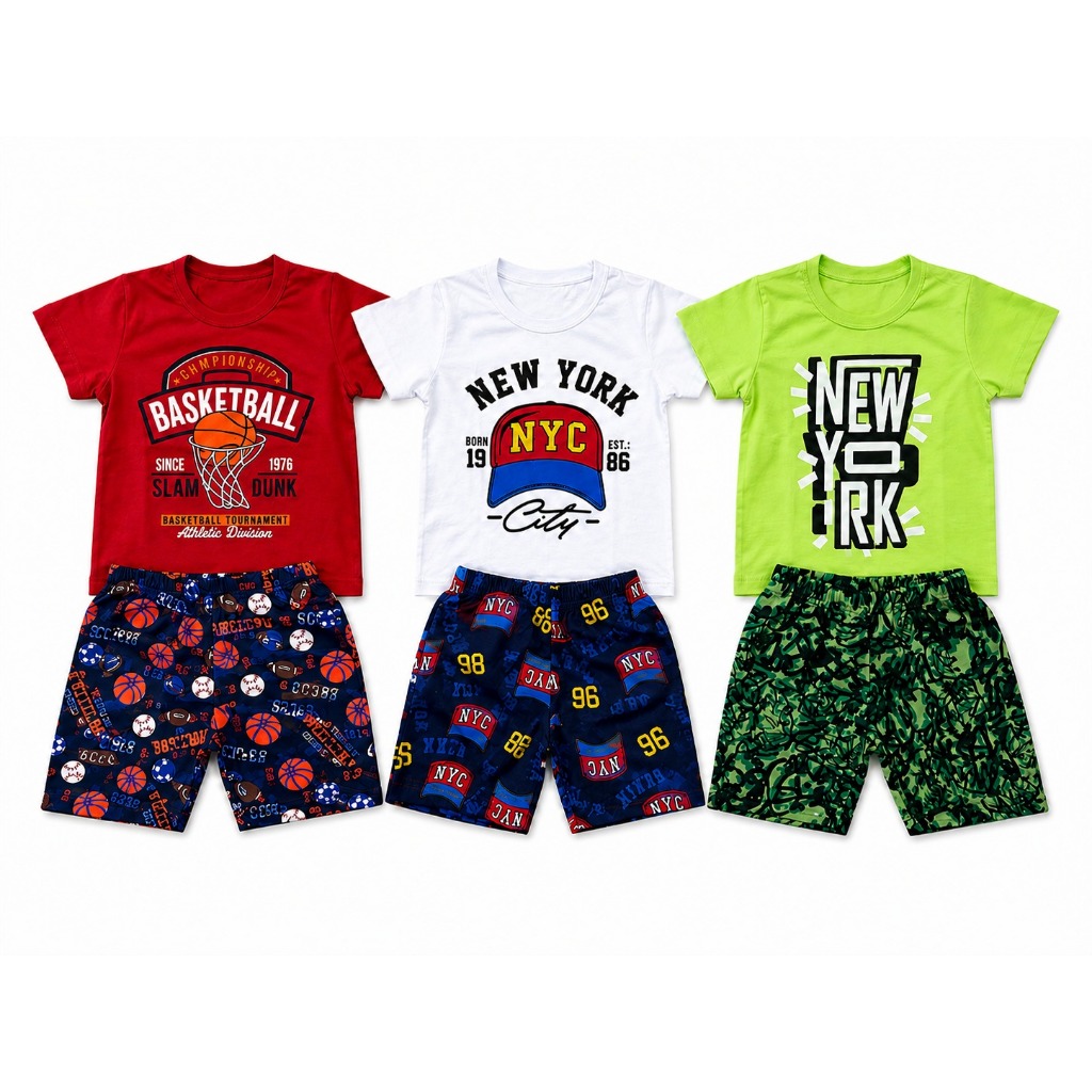 Kit Sortidos 3 Conjuntos Menino Estampado Camiseta Algodão Bermuda Tactel Colorido Divertido Skate Praia Futebol Premium