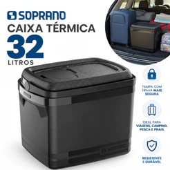 Caixa Térmica Cooler Grande 32 Litros com Alça e Abertura na Tampa Porta Lata e Garrafa Preta