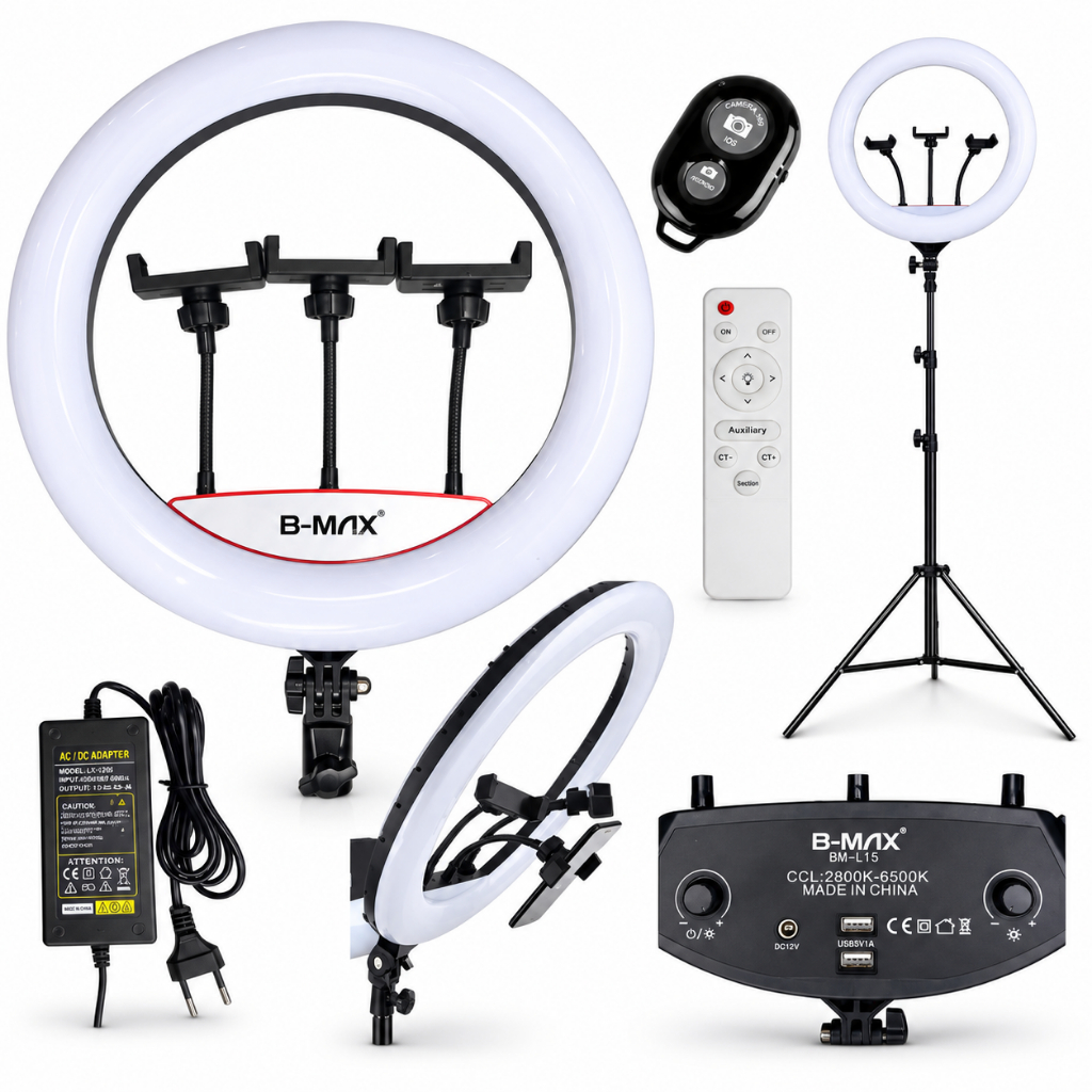Ring Light LED Profissional B-Max BM-L15 Com Tripé 2,10m, 3 Suportes e Controle Remoto Bivolt
