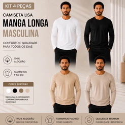 Kit 4 Camisetas Masculinas Algodão Manga Longa Casual Conforto
