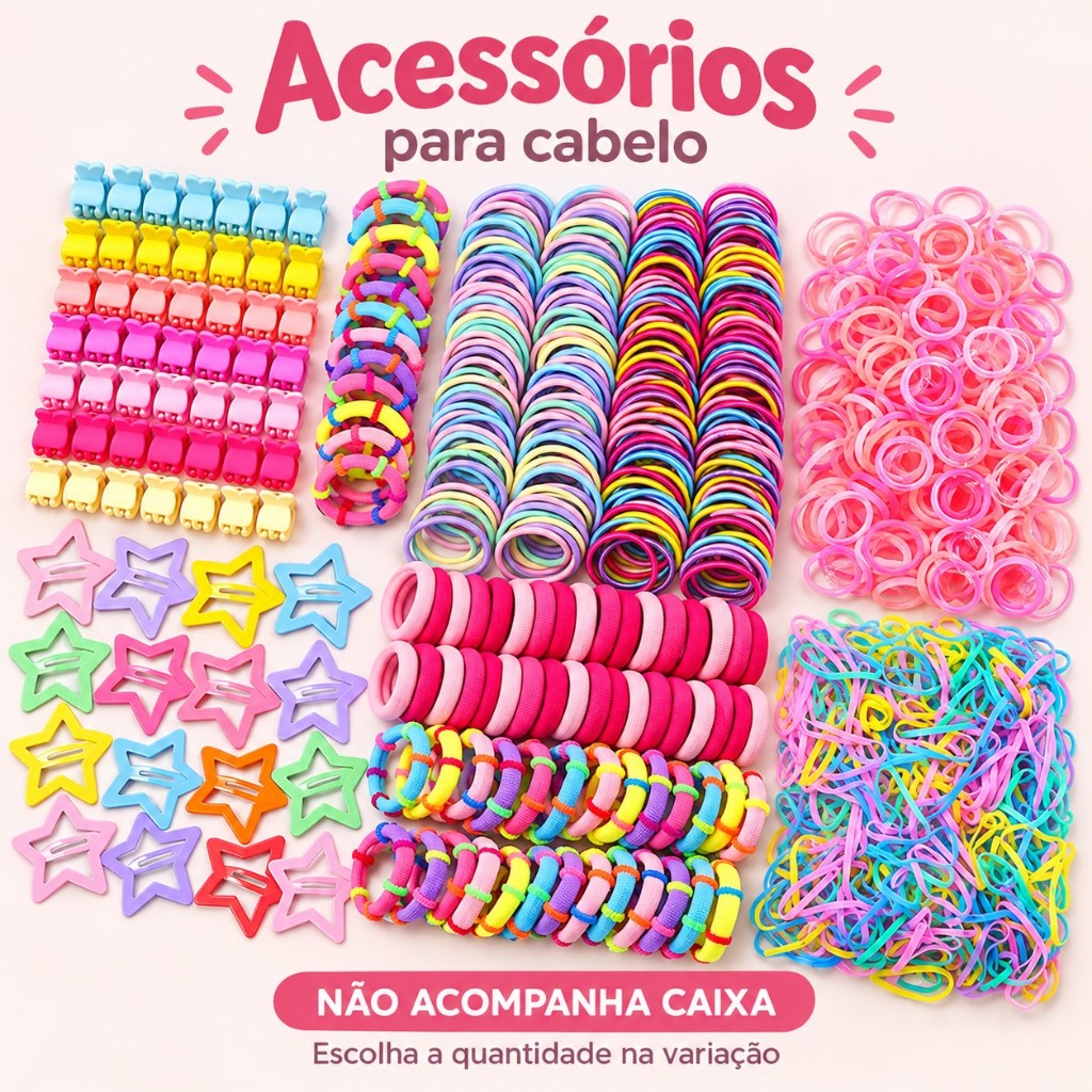 Kit de Acessórios de Cabelo Infantil para Meninas com Elásticos, Presilhas e Laços – 170 a 534 Peças