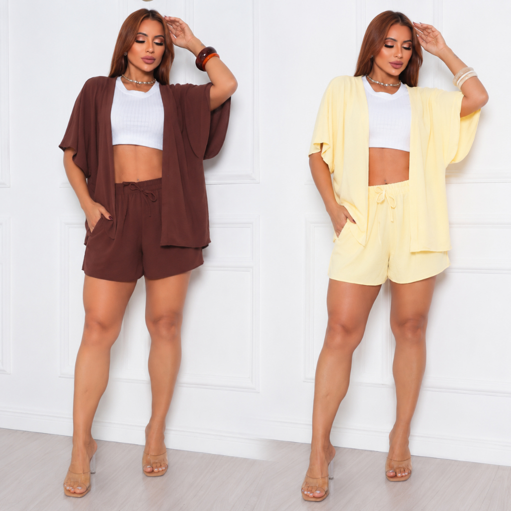 Kit 2 Conjuntos Femininos Kimono e Short Moda Casual Verão Elegante