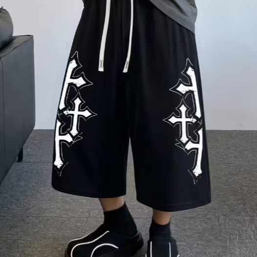 Bermuda Baggy Oversized Masculina Preta Estampada Cruz Gótica Streetwear Hip Hop Y2K Bermudão Largo Casual