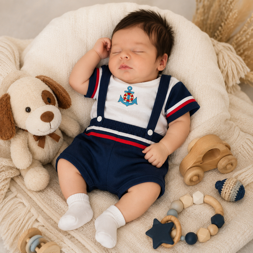 Conjunto Bebê Menino Jardineira Listrada Marinheiro e Camiseta Âncora Para Recém-Nascido