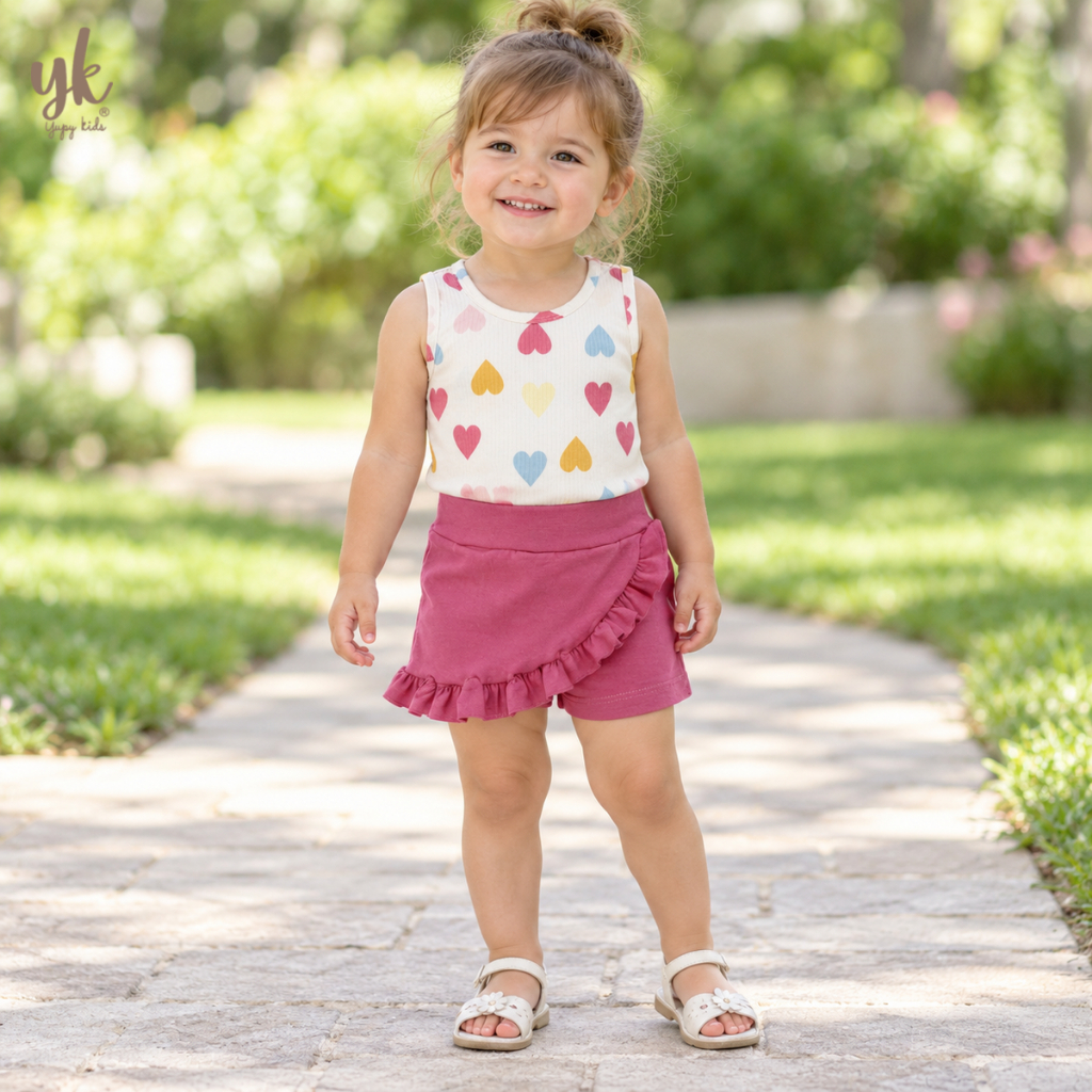 CONJUNTO INFANTIL MENINA BLUSA DE CORAÇÕES E SHORTS-SAIA COM BABADINHOS  YUPY KIDS