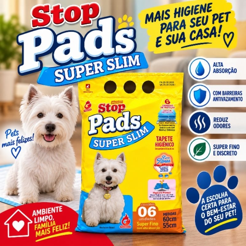 Tapete Higiênico para Cachorro Stop Pads 60x55cm 06 Unidades Super Absorvente Antivazamento Pet Cães