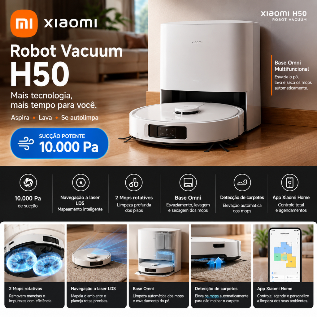 Robô Aspirador Xiaomi Robot Vacuum H50 – 10.000 Pa, Mop Rotativo e Base Omni Autolimpante