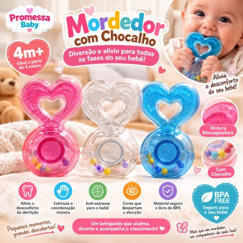 Mordedor para Bebê com Chocalho Massageador de Gengiva Infantil Menino Menina e Unissex BPA Free
