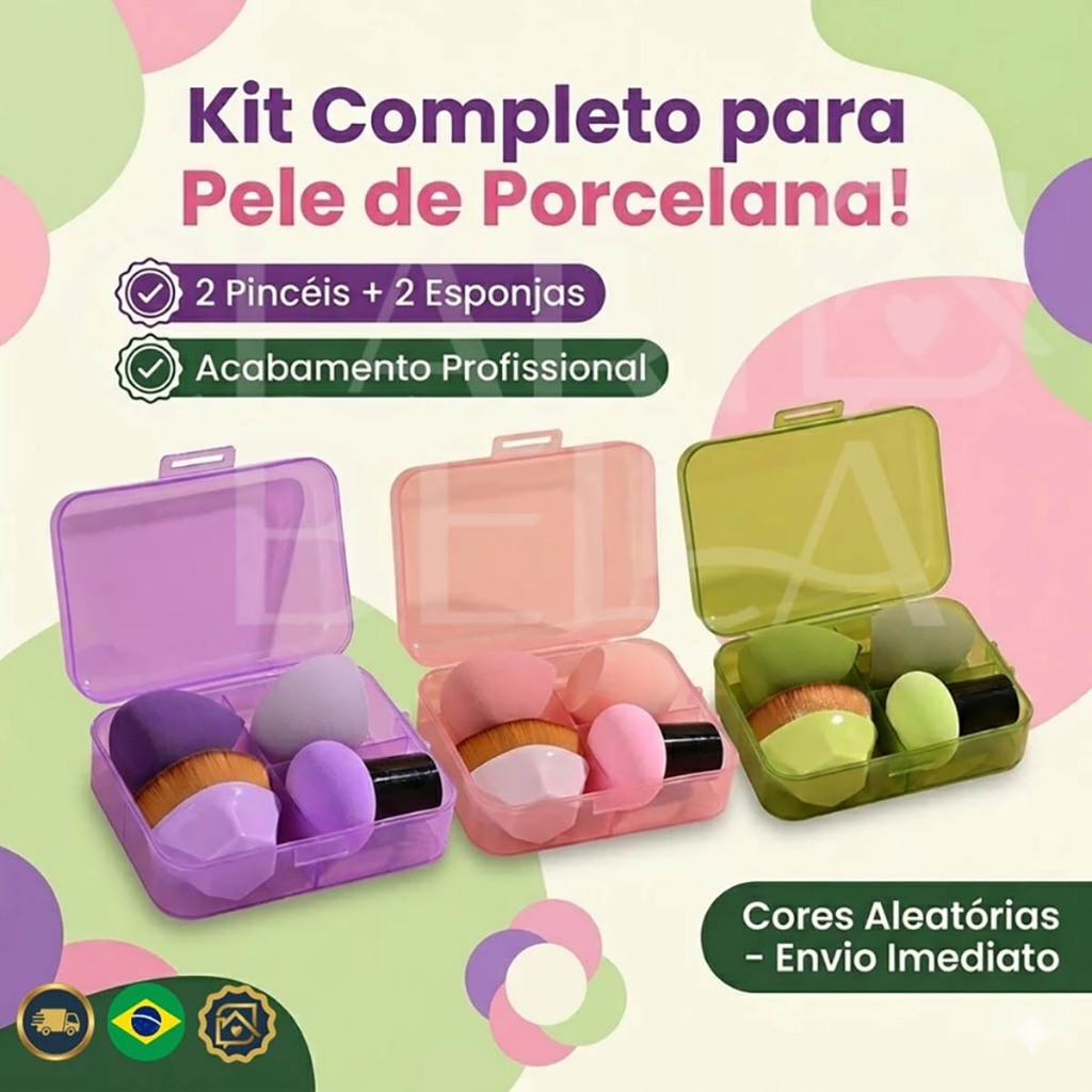 Kit 4 Maquiagem: 2 Pincéis para Base + 2 Esponjas Beleza Gota/Abóbora, com Estojo Transparente, acabamento sem marcas
