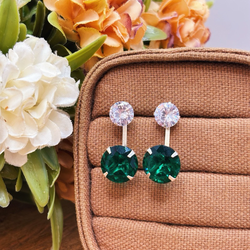 Brinco Feminino Duas Zircônias Verde 12mm em Prata 925 Elegante · foto 2