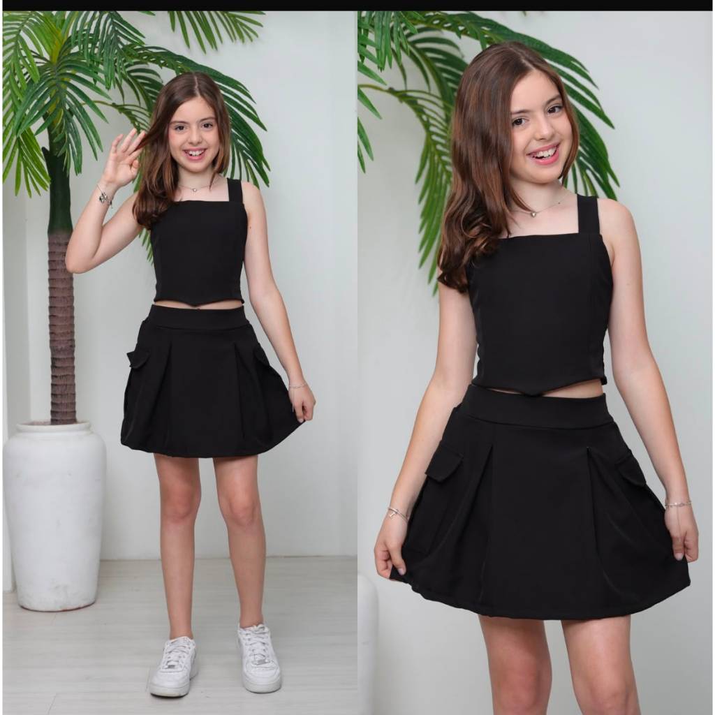 Conjunto Juvenil Short Saia com Bolso Lateral e Cropped Alça 08 ao 16