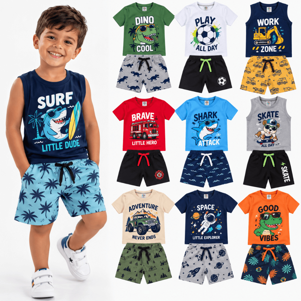 Kit Sortido 8 Peças de Roupas Infantil Menino 4 Camisetas + 4 Bermudas 4 Conjuntos de Infantil Masculino do 1 ao 8 anos