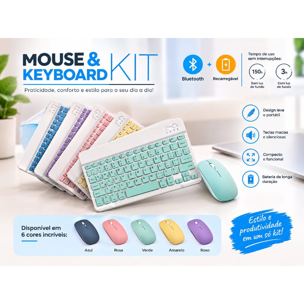 Kit Teclado e Mouse Bluetooth Compactos Recarregável Colorido Compatível com Tablet, Notebook, celular e PC