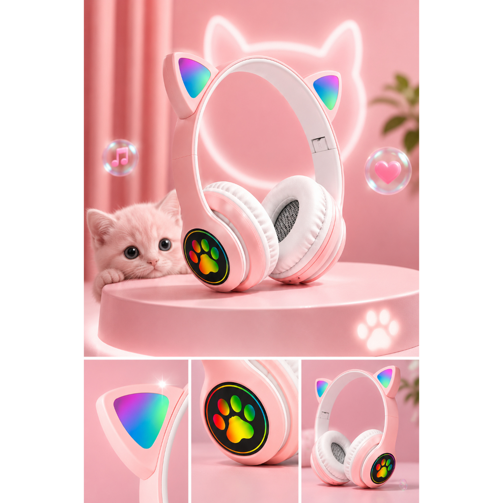 Fone Luminoso Orelha de Gato Bluetooth Sem Fio Com Luz Colorida LED RGB