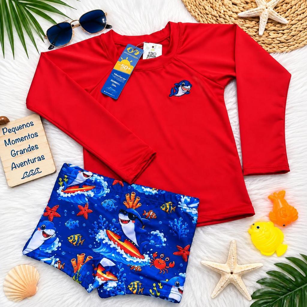 Roupa de Praia Infantil Blusa Mais Sunga Boxe UV Proteção Térmica Menino