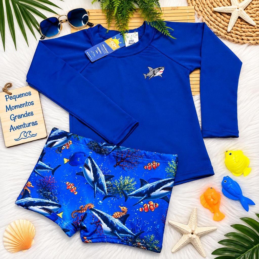 Conjunto Blusa UV50 Infantil mais Sunga Box Roupa de praia Piscina Proteção Térmica Menino 1 a 10 Anos