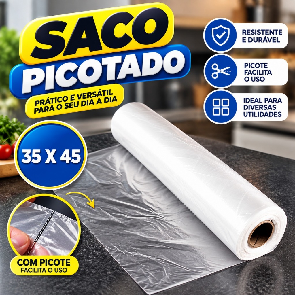 Rolo Plástico 35x50 Bobina Picotada Saco Transparente Super Mercado