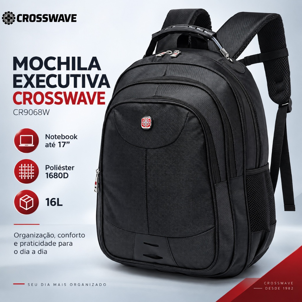 Mochila Masculina Crosswave Executiva em Poliéster 1680D Reforçada para Trabalho Faculdade e Dia a Dia