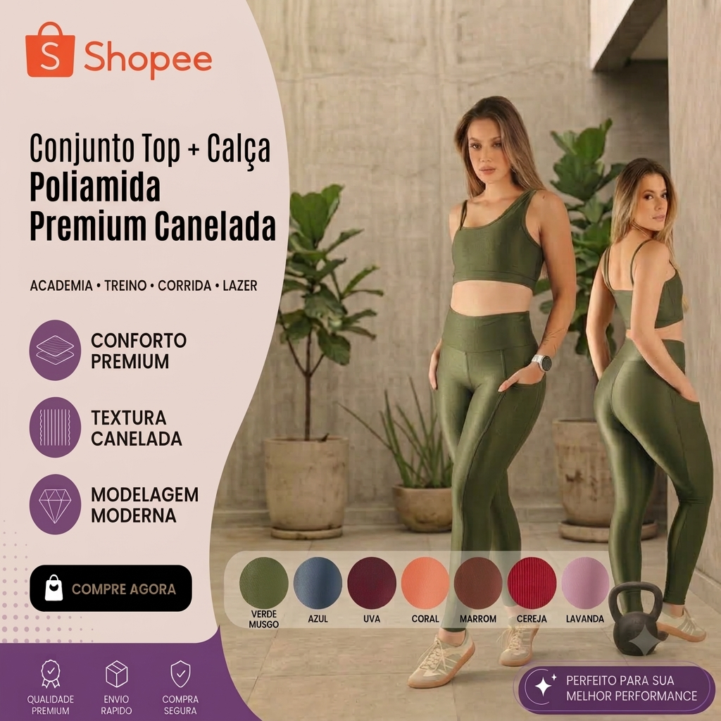 Conjunto Canelado Poliamida Zero Transparência Corrida Academia Crossfit Corrida