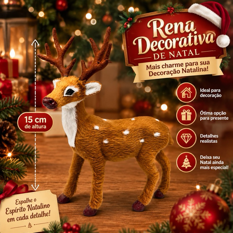 Renas Decorativas de Natal 15cm Enfeite Natalino Realista Decoração Casa Mesa Árvore Presente