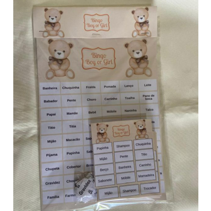 1 Bingo Personalizado no tema Ursinho Marrom para Chá Revelação ou Chá de Bebê – Cartelas Personalizadas - Lembrancinhas