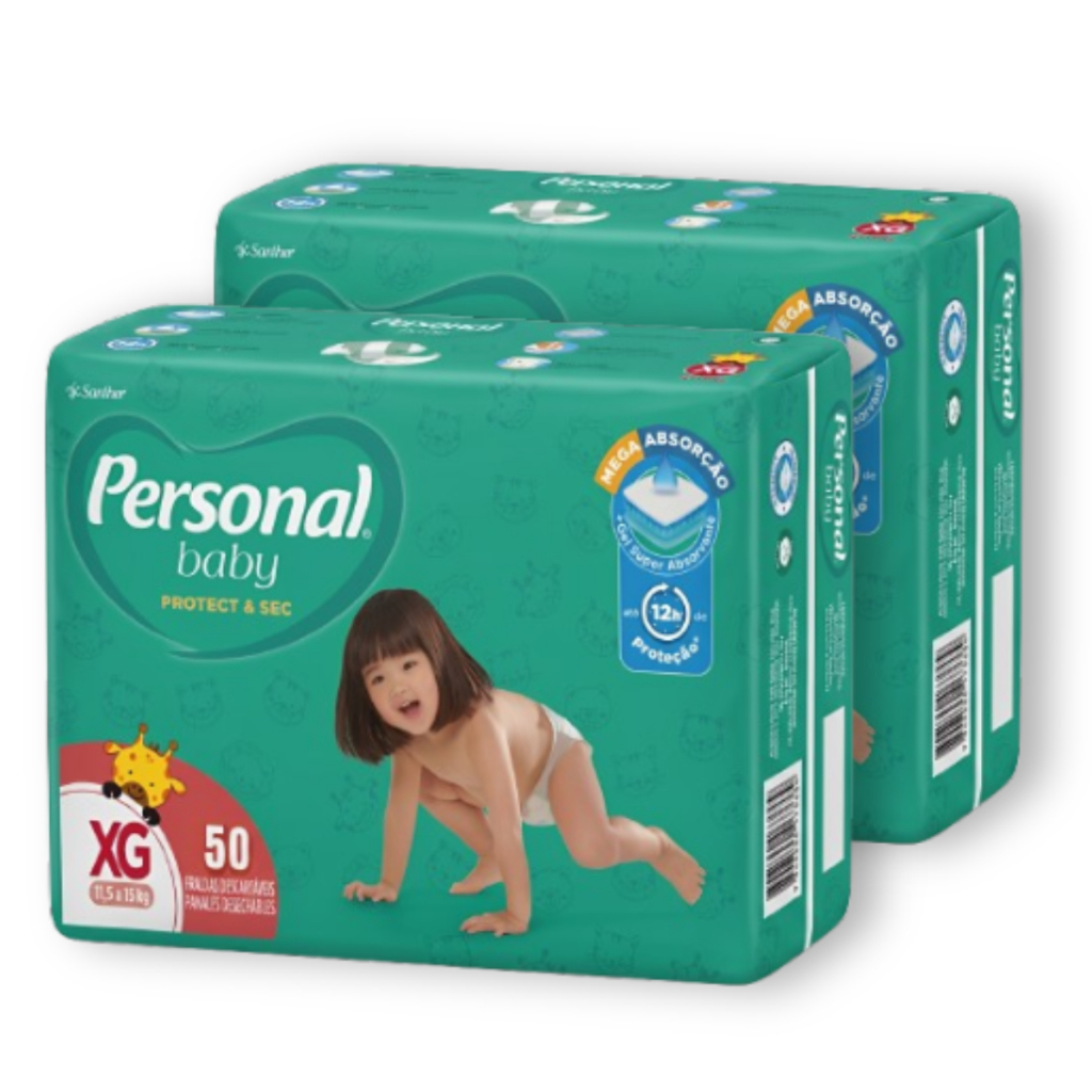 Kit 2 Fralda Personal Baby Protect & Sec Tamanho XG Pacote Hiper - Total 100 Unidades