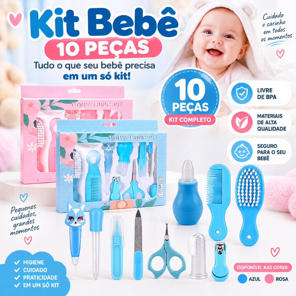Kit Higiene Bebê 10 Peças Cuidados Recém-Nascido com Termômetro Aspirador Nasal e Cortador de Unha