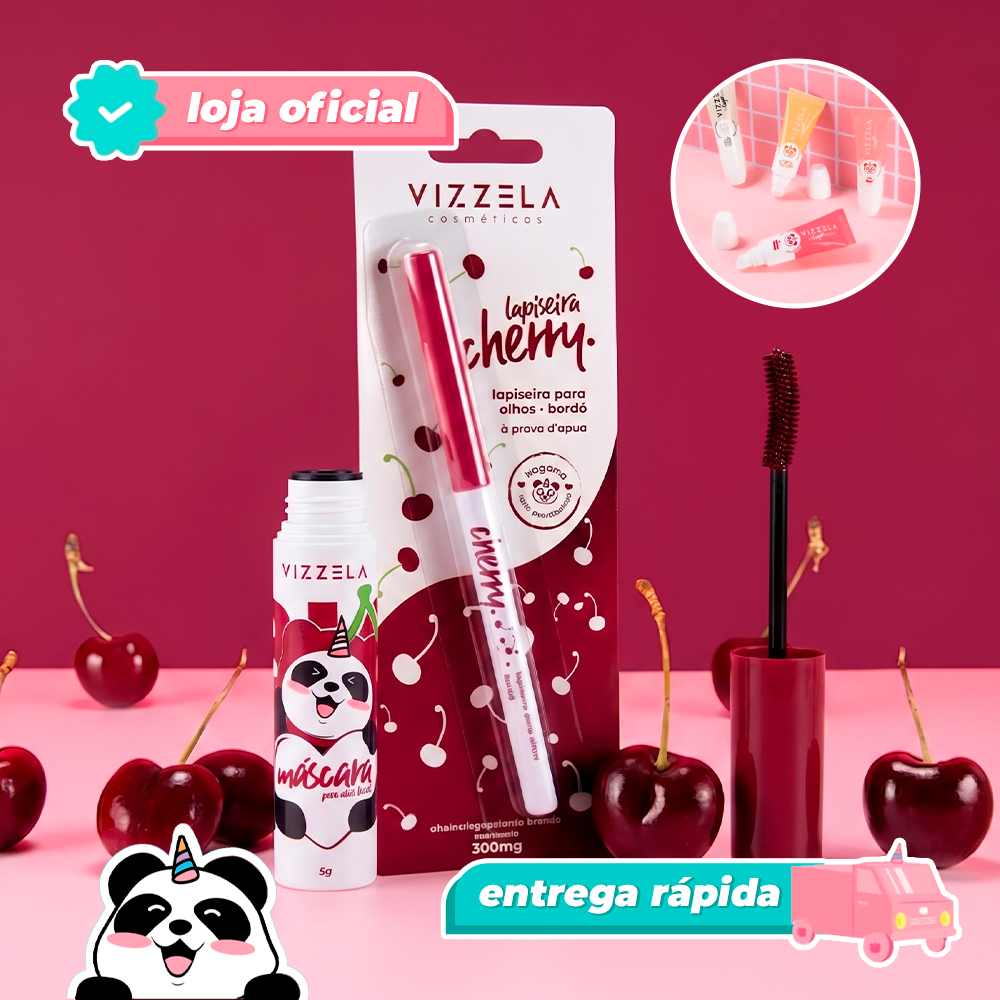 Kit Máscara Para Cilios Big No Panda Cherry + Lapiseira Cherry + BRINDE Original Vegano Vizzela