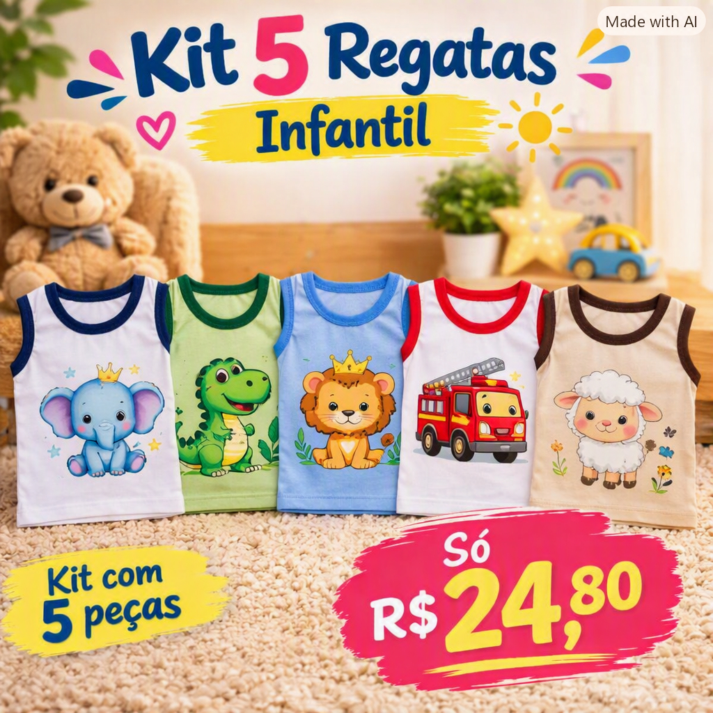 Kit 5 Camisetas Bebê Sem Manga Regata Roupa Infantil Menino Menina Unissex Leve Fresca Confortável Estampada
