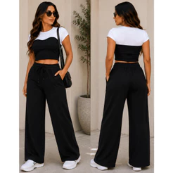 Conjunto Feminino Ribana Cropped com bojo e Calça Wide Leg Cós Alto P ao GG