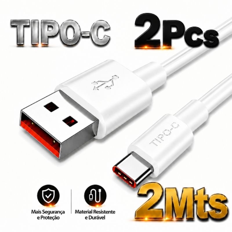 Kit 2 Cabos de Carregamento USB para Tipo-C | 2 Metros Cada | Para Smartphones Android
